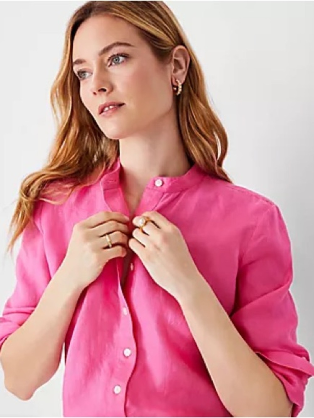 100% Linen Pink Ann Taylor Roll Tab Women’s Pink Button-Front Top